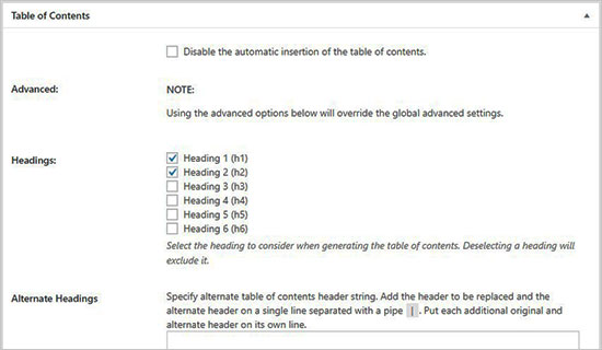 Table of contents settings in posts