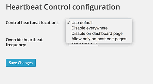 Settings page for heartbeat control plugin