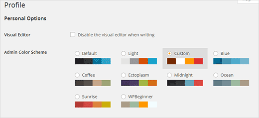 Custom color scheme among default WordPress admin color schemes