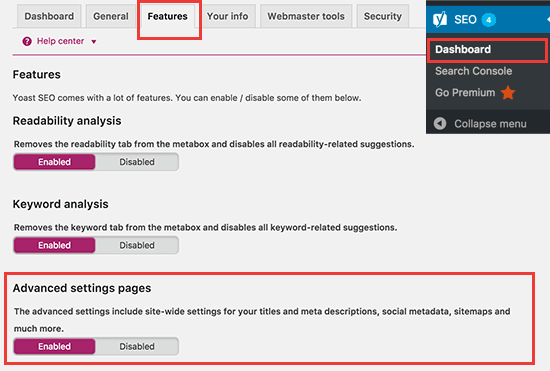 Enable advanced settings pages in Yoast SEO