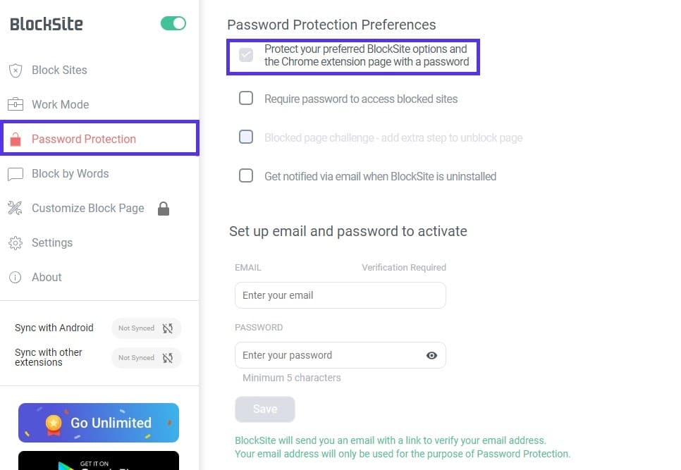 blocksite password protection