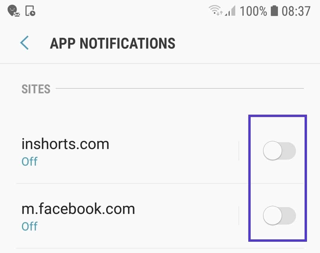 chrome mobile site notifications