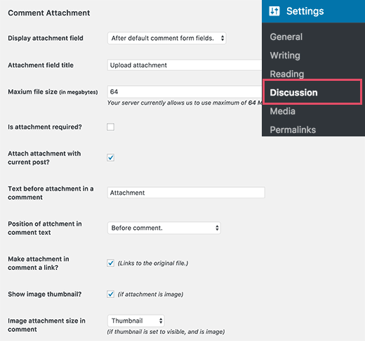 Settings page for comment attachments