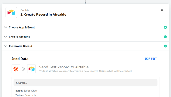 Send test data to Airtable