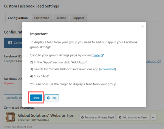 Click the Done button on the popup to continue setting up your Facebook group feed