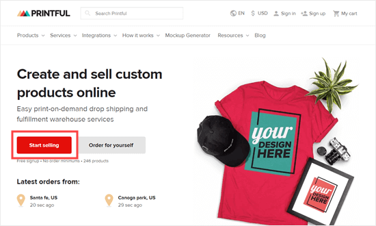 Click the 'Start Selling' button to begin selling with Printful