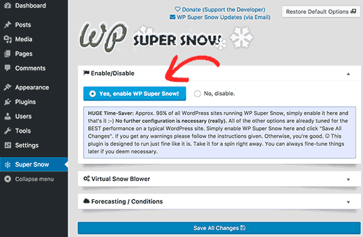 WP Super Snow settings page
