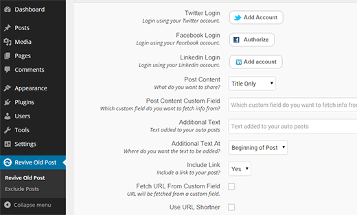 Revive Old Posts settings screen