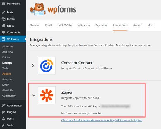 Getting the Zapier API key from WPForms