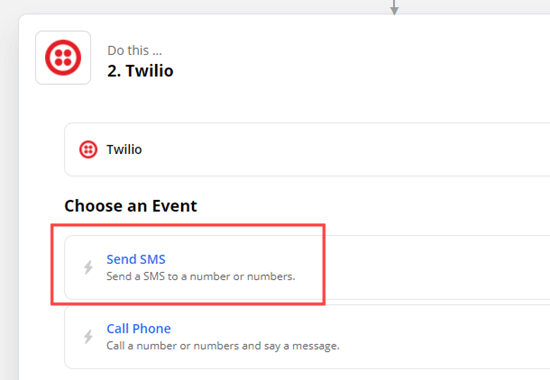 Choose Send SMS as the action for Twilio