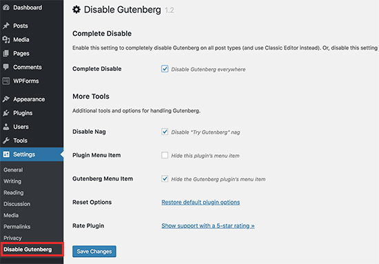 Disable Gutenberg settings