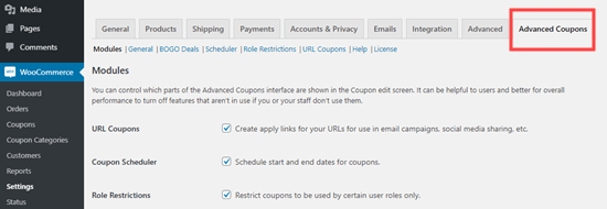 The Advanced Coupons tab in the WooCommerce settings