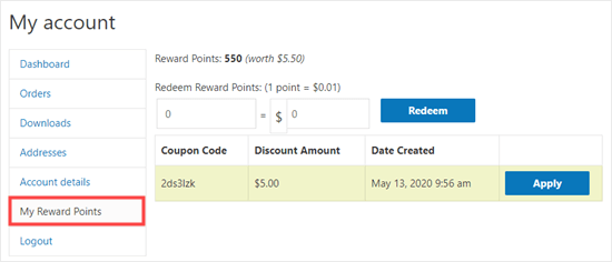 The customer can turn their earned points into coupons in their account