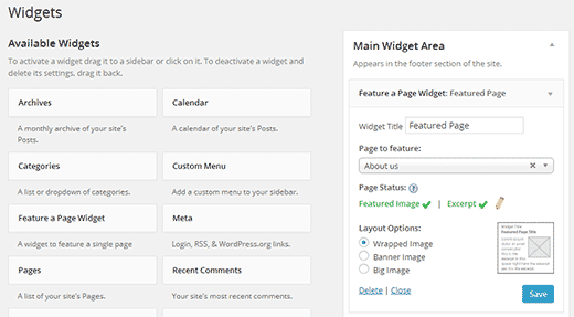 Feature a page in WordPress widget settings