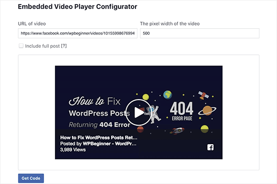 Facebook video embed code generator