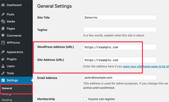 Change WordPress site URLs in the admin area