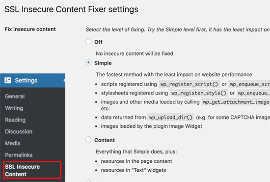 Secure Content Fixer plugin settings