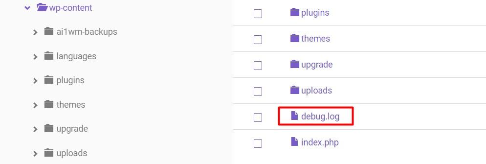 Файл debug_log в Файловом Менеджере Hostinger
