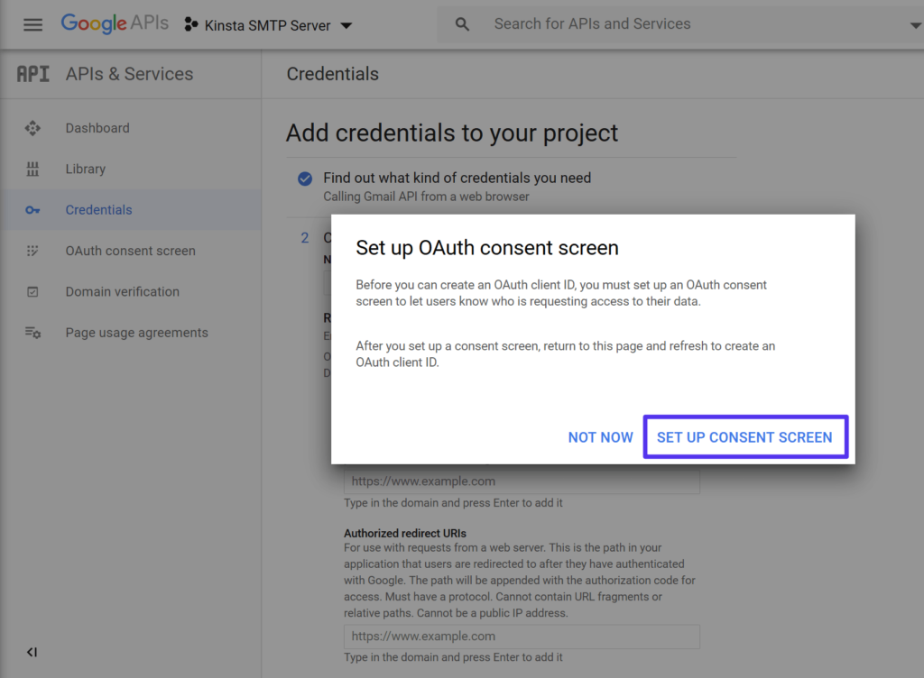 The prompt to create an OAuth consent screen
