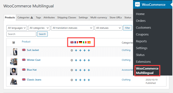 Viewing your table of products on the WooCommerce Multilingual page