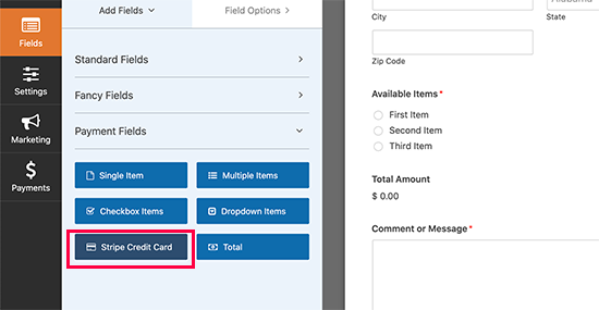 add credit card field to your form