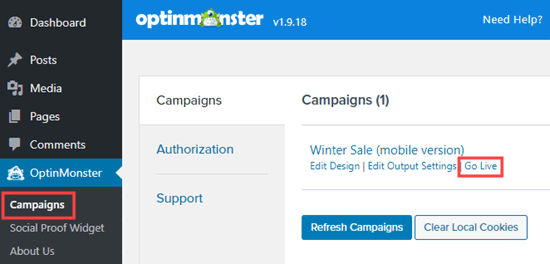 Putting your OptinMonster campaign live on your WordPress site