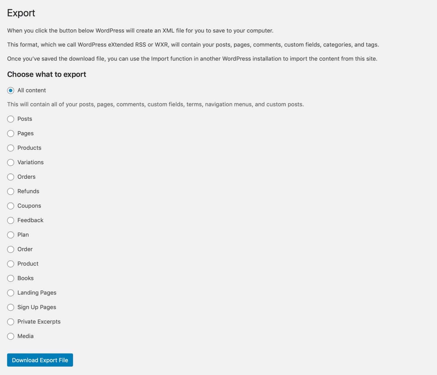 WordPress export screen