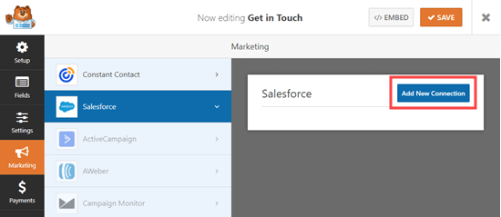 Go to the Marketing -- Salesforce tab to add a new Salesforce connection for your form