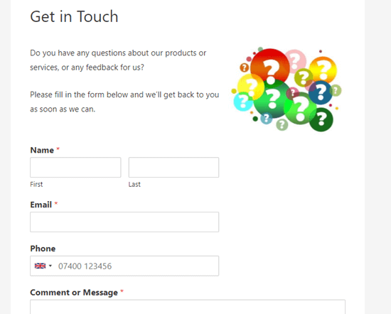 Our contact form live on our demo website